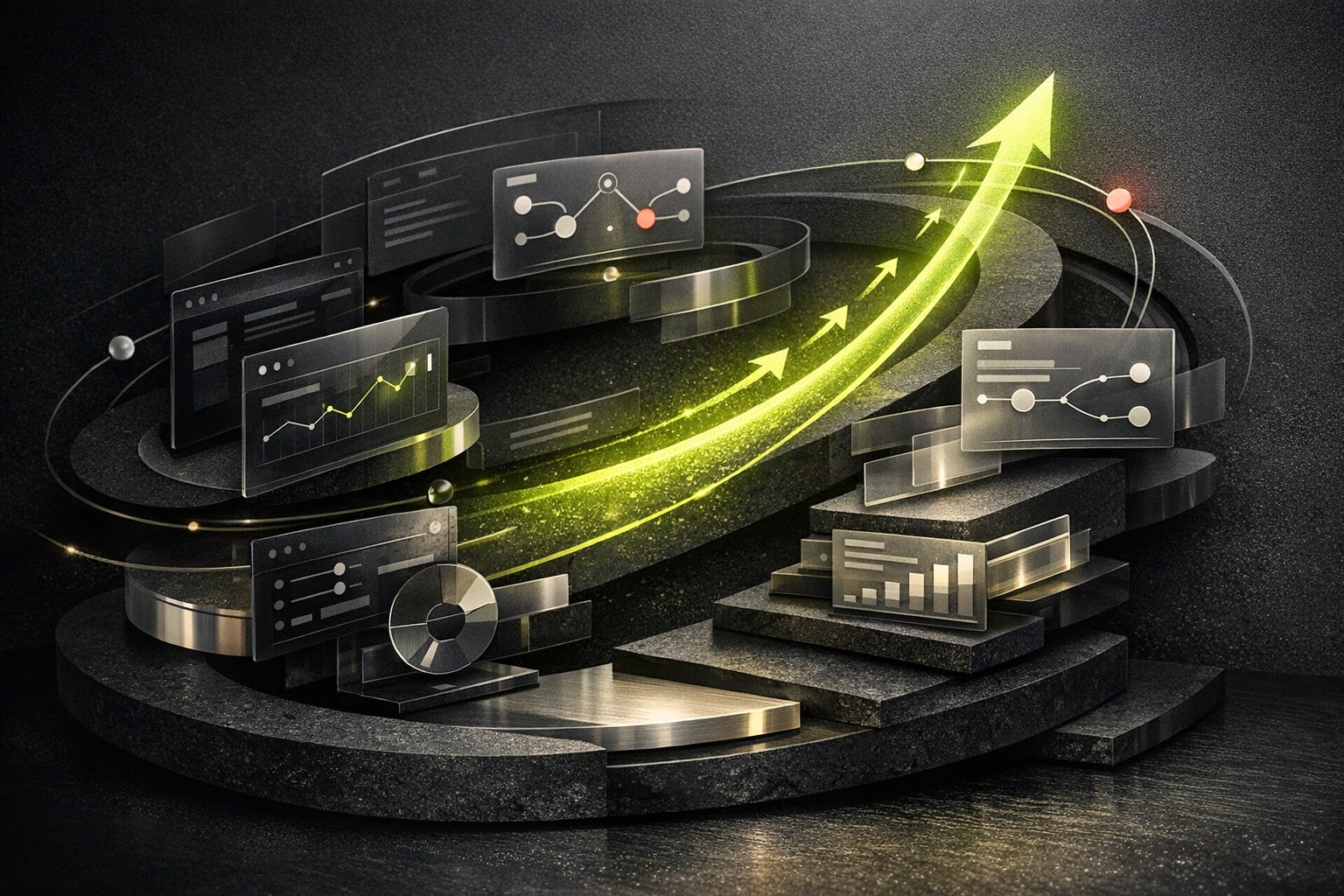 Abstract growth system with layered optimization panels and rising signal path