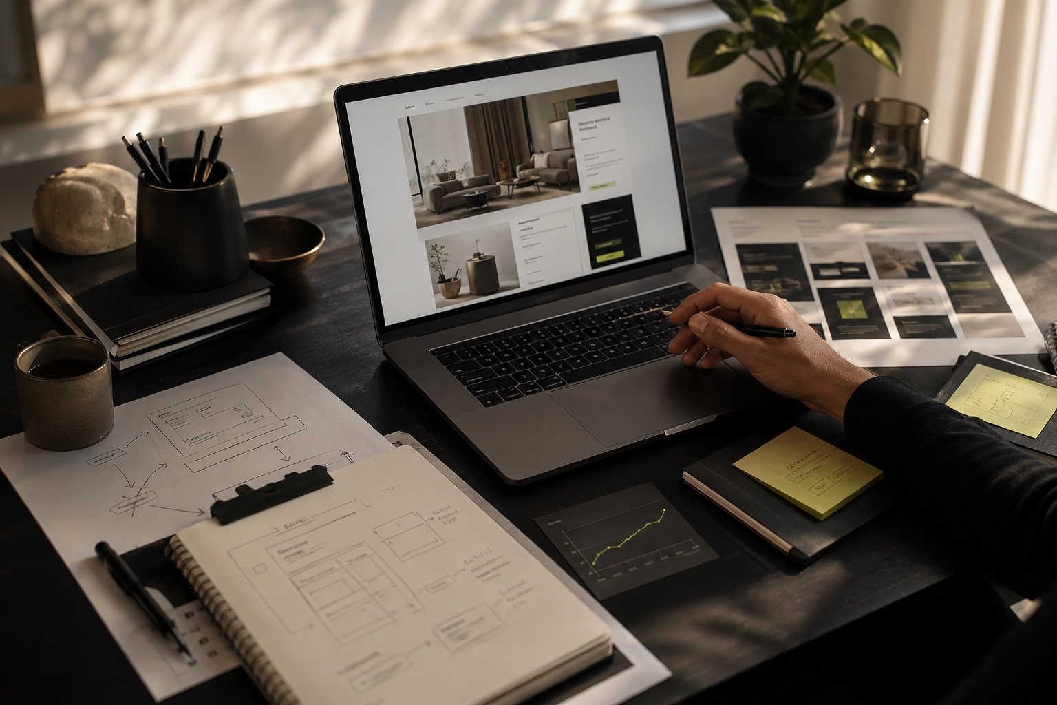 Warm studio desk with website mockups, wireframes, analytics notes, and conversion planning materials