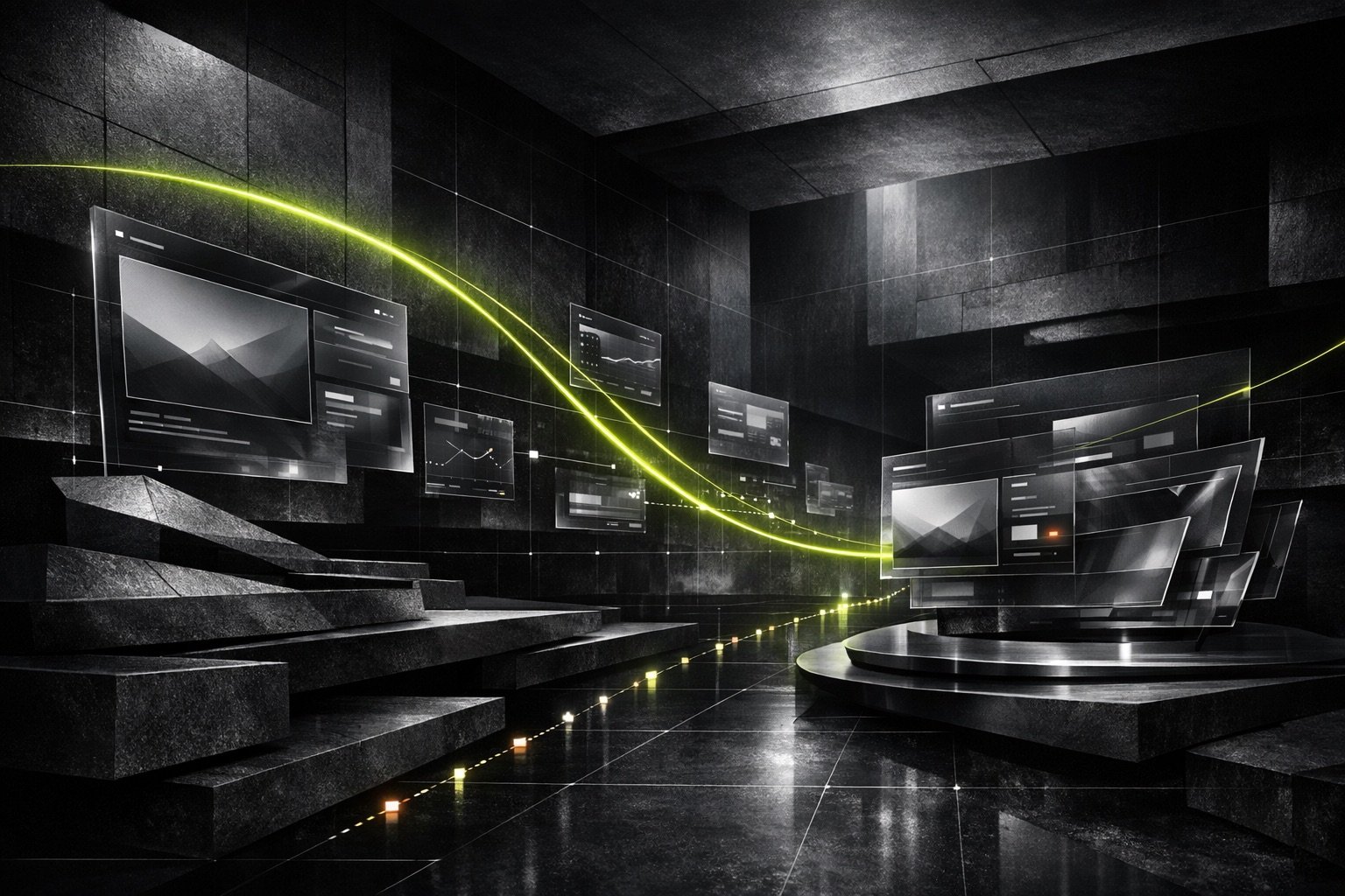 Monumental abstract digital system with floating glass website planes