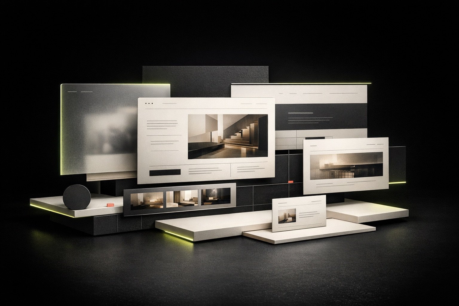 Abstract premium website design system with layered interface panels